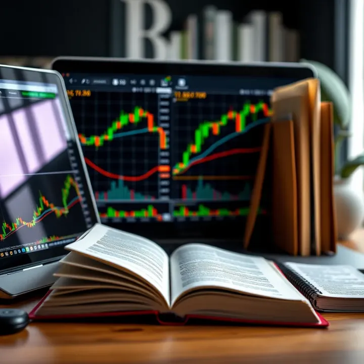 Open book alongside a laptop displaying stock market charts and data