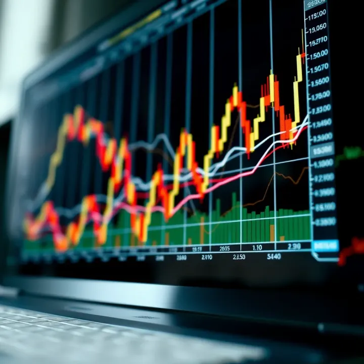 Graph displaying trends in financial market with technical and fundamental analysis indicators