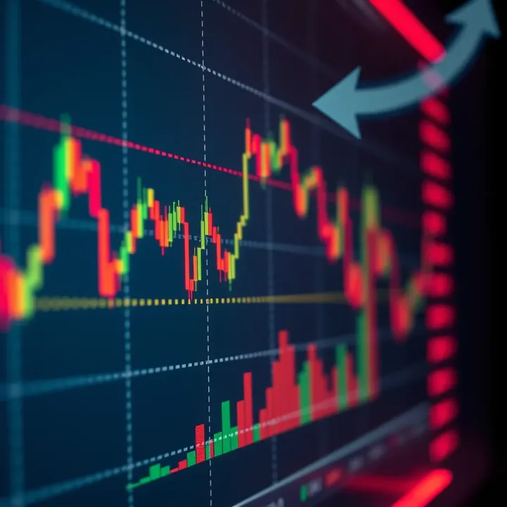 Graph showing currency exchange rate fluctuations with arrows indicating buying and selling actions
