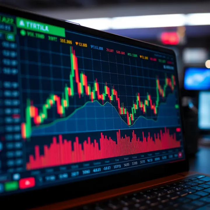 Graph showing financial market trends and trading volume