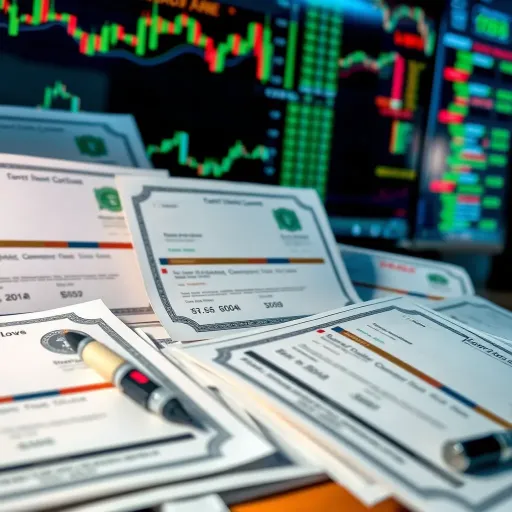 Diverse collection of stock certificates and financial documents arranged on a desk
