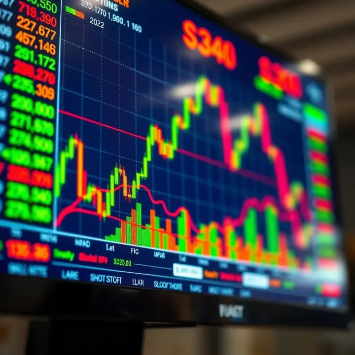Colorful stock market graph showing upward trends and various financial indicators on a digital screen