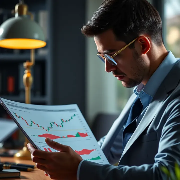 Investor studying a digital guide on candlestick analysis with highlighted chart areas