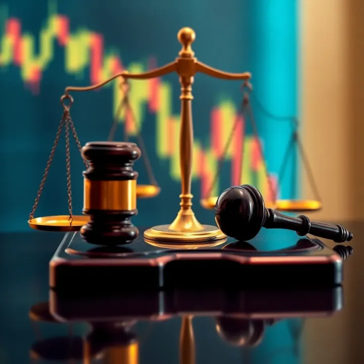 Graphic depicting legal scales and a gavel representing Brazilian legal perspectives on binary options fraud