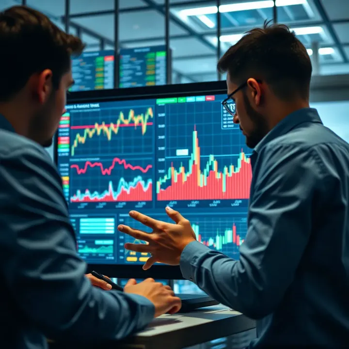 Business team analyzing market data charts on a digital screen