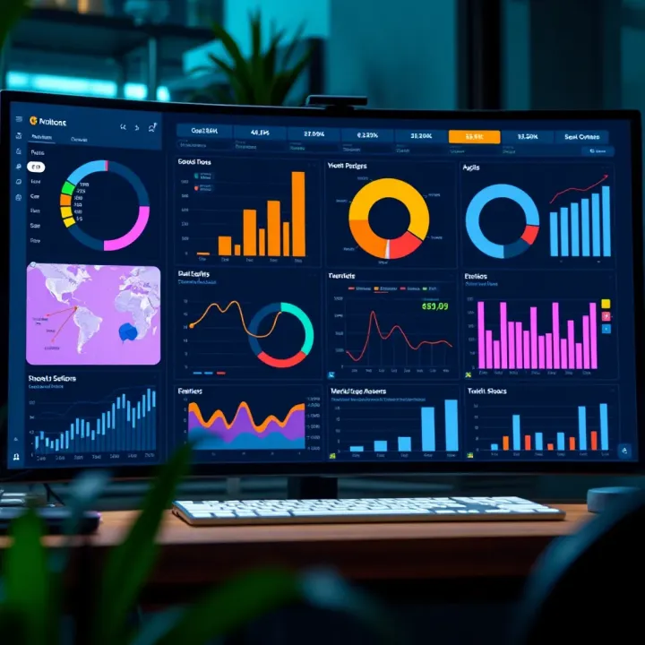 Dashboard displaying various market research tools and data analytics charts