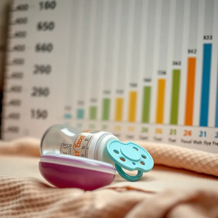 Close-up of baby bottle and pacifier on a soft blanket near a growth chart