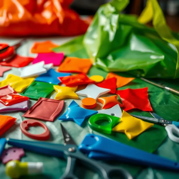 Pieces of colorful plastic fabric cut into shapes for assembling a tote bag