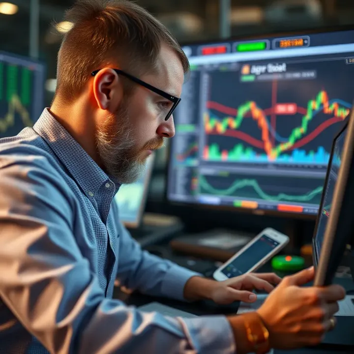 Trader analyzing financial charts with real money transactions