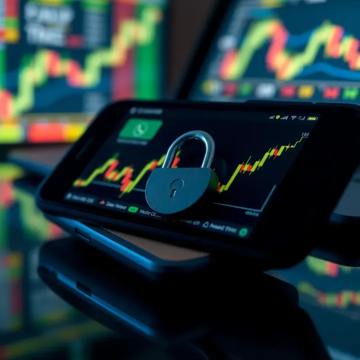 Secure mobile device with padlock and financial charts representing safe participation in trading groups