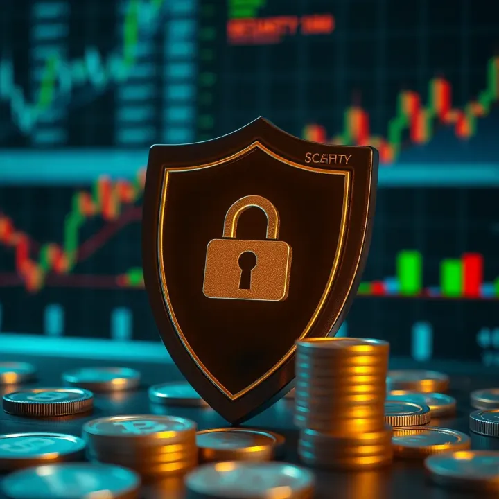 Secure financial transaction concept with shield and currency symbols representing safety in online investments