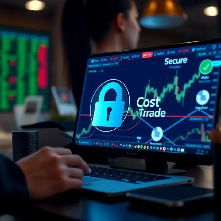 Illustration of secure online trading with cost and support icons