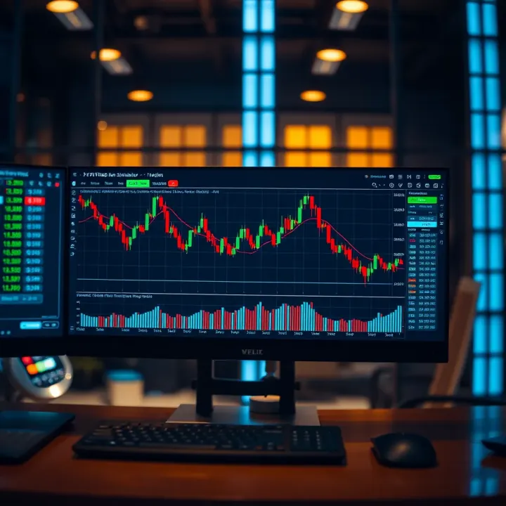 Day trading simulation interface showing charts and trading options on screen