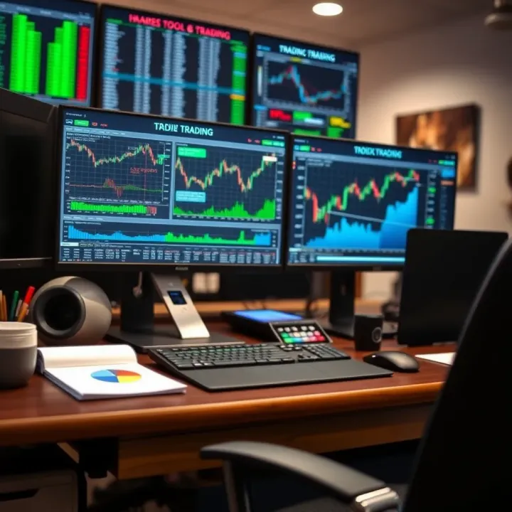 Trading workstation displaying charts, tools, and risk management metrics