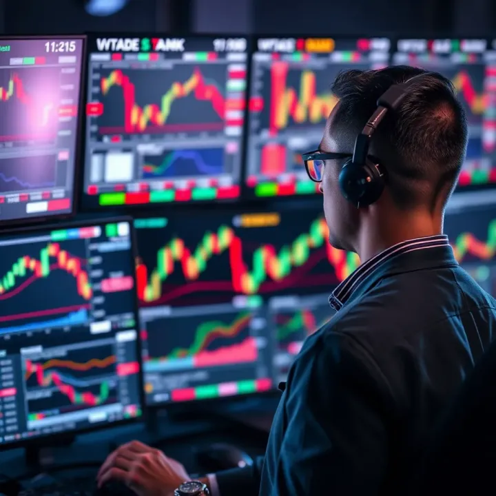 Close-up of a trader analyzing stock market graphs and price movements on multiple monitors