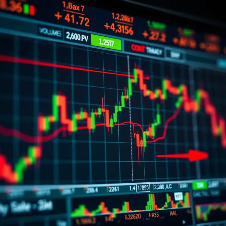 Graph showing volatile stock price movements during a trading day with candlestick patterns and volume indicators