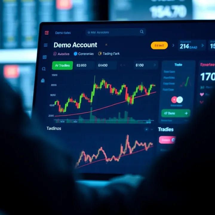 Interface of a trading platform showing a demo account dashboard with charts and trading options