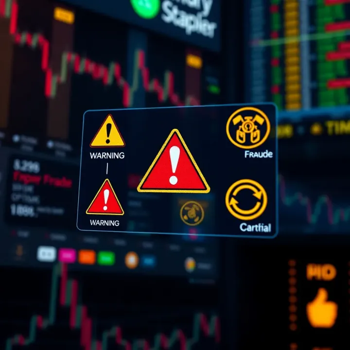 Illustration showing warning icons and binary options symbols indicating potential financial fraud risks