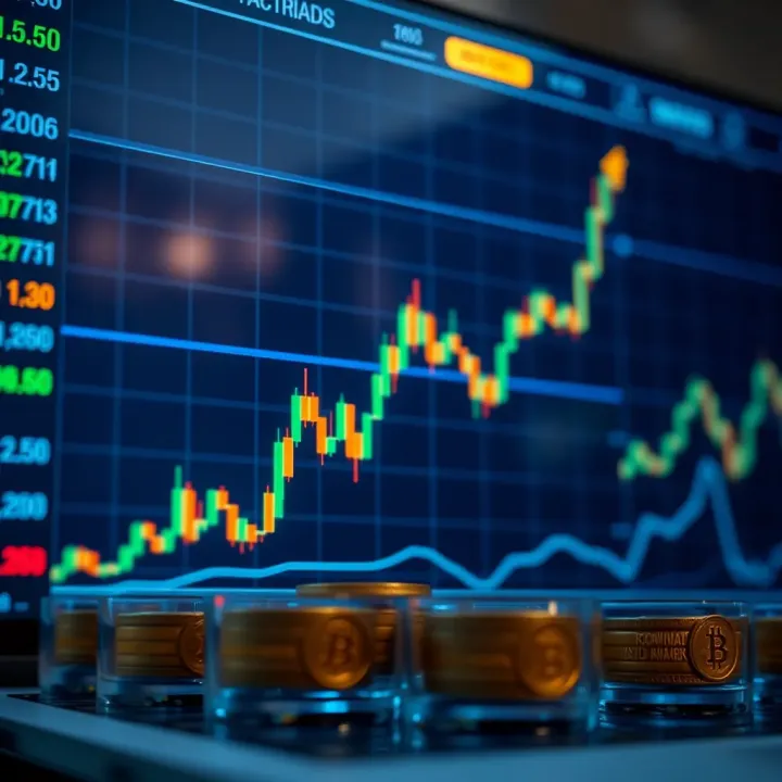 Graph showing upward financial trends and virtual currency icons on a screen